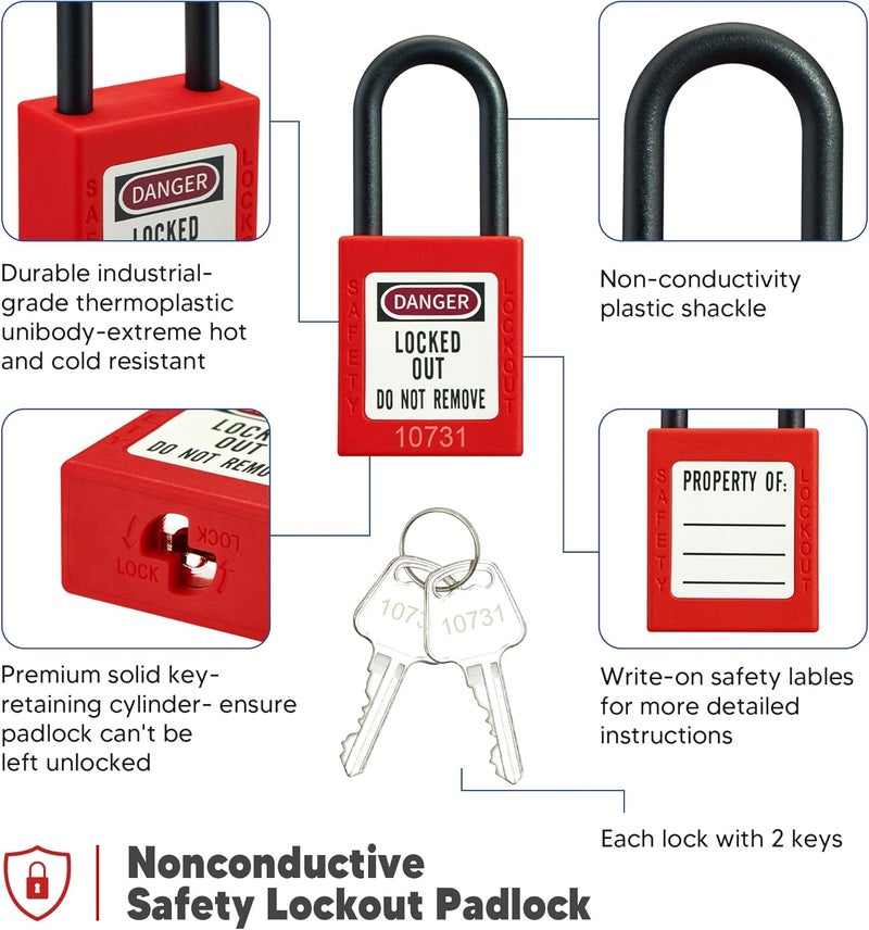 SATTRON Tagout Lockout Plug Lock Device- 2 Pcs Red Polypropylene Plug Lockout for Electrical Plugs 110 and 220 Volt Power Cord Medium Industrial Grade Power Cord Lockout with 2 Locking Holes OSHA Compliant - Image 5